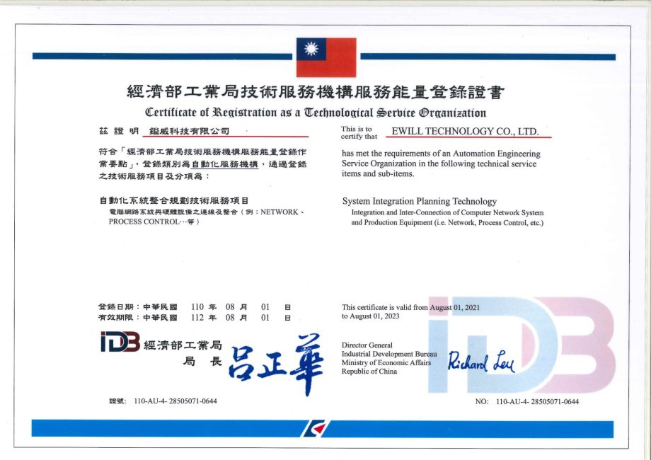 經濟部工業局技術服務機構服務能量登錄證書