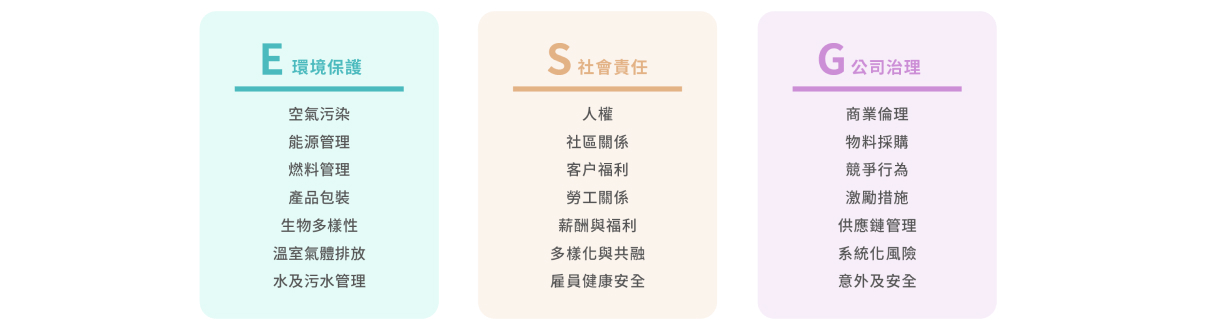 ESG 三大面向細項列表：環境保護 (E)、社會責任 (S)、公司治理 (G)。
