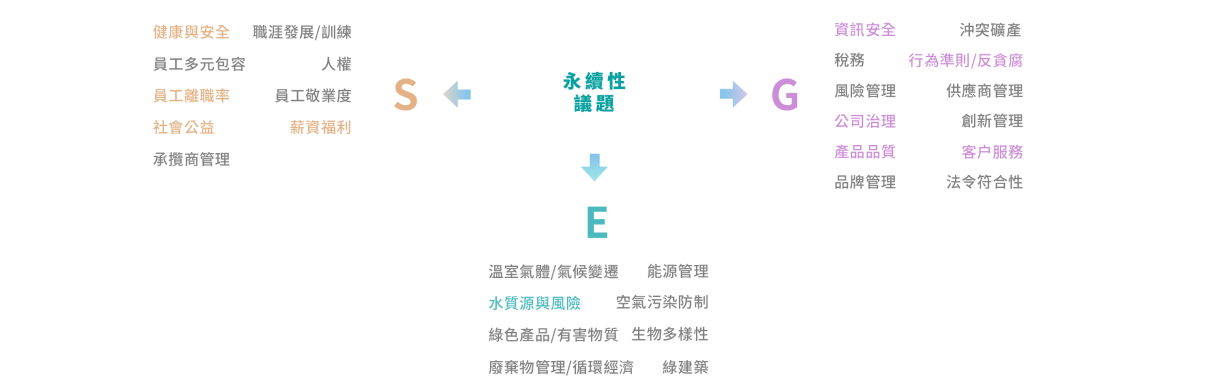 ESG 永續性議題結構圖，列出與 E、S、G 各面向相關的關鍵議題。