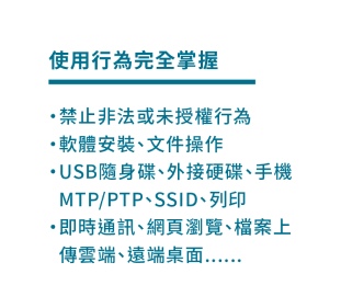 使用行為完全掌握列表：禁止非法或未授權行為、軟體安裝文件操作、USB隨身碟/外接硬碟/手機/MTP/