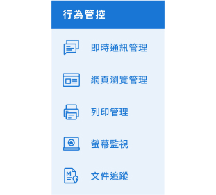 行為管控功能列表：即時通訊管理、網頁瀏覽管理、列印管理、螢幕監視、文件追蹤。