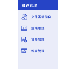 維運管理功能列表：文件雲端備份、遠端維護、資產管理、報表管理。