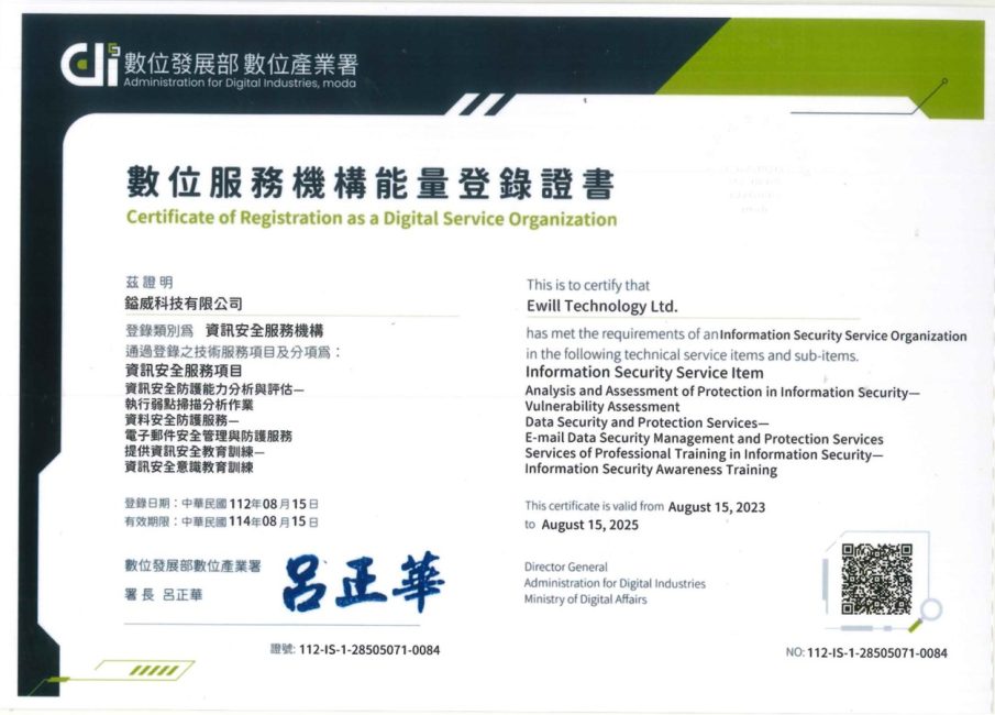 數位發展部數位產業署數位服務機構能量登錄證書，鎰威科技有限公司登錄類別為資訊安全服務機構。