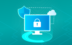 資安防護示意圖，顯示筆記型電腦畫面中的安全鎖頭與防護盾牌。