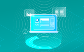 數據分析服務示意圖，顯示筆記型電腦畫面中的多種數據圖表與分析結果。