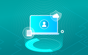 身份識別與安全管理示意圖，顯示筆記型電腦畫面中的使用者認證、雲端防護與盾牌圖示。